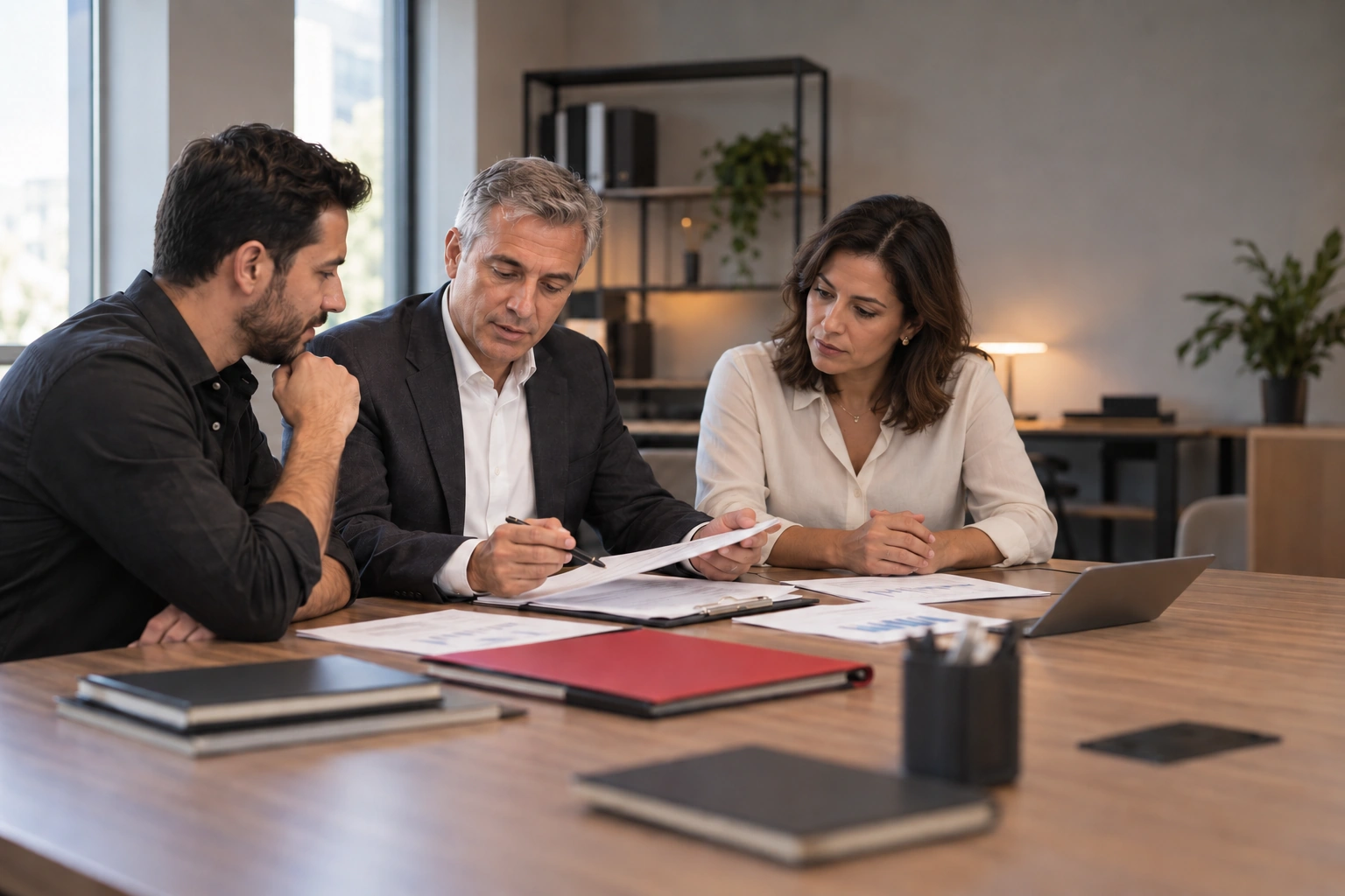 Imagem ilustrativa de dois homens e uma mulher conversando sobre documentos em uma mesa.